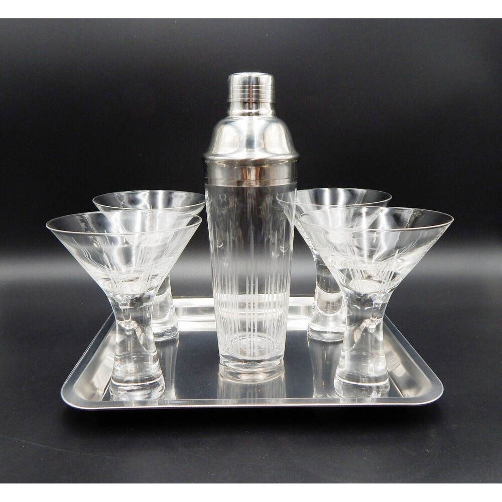 Home Essentials Hex 11 Martini Cocktail Set Shaker Tray Glasses S/4 Etched Lines